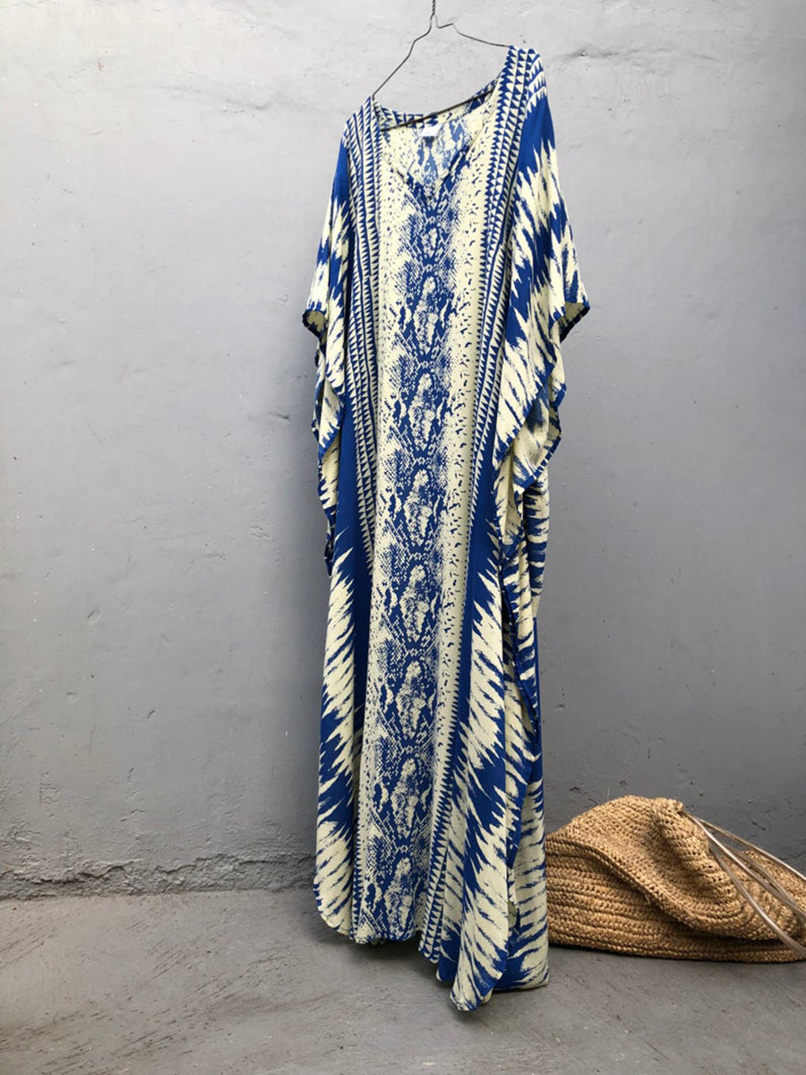 Women Beach Lace-Up Split-Side Loose Abstract Print Cover-Up