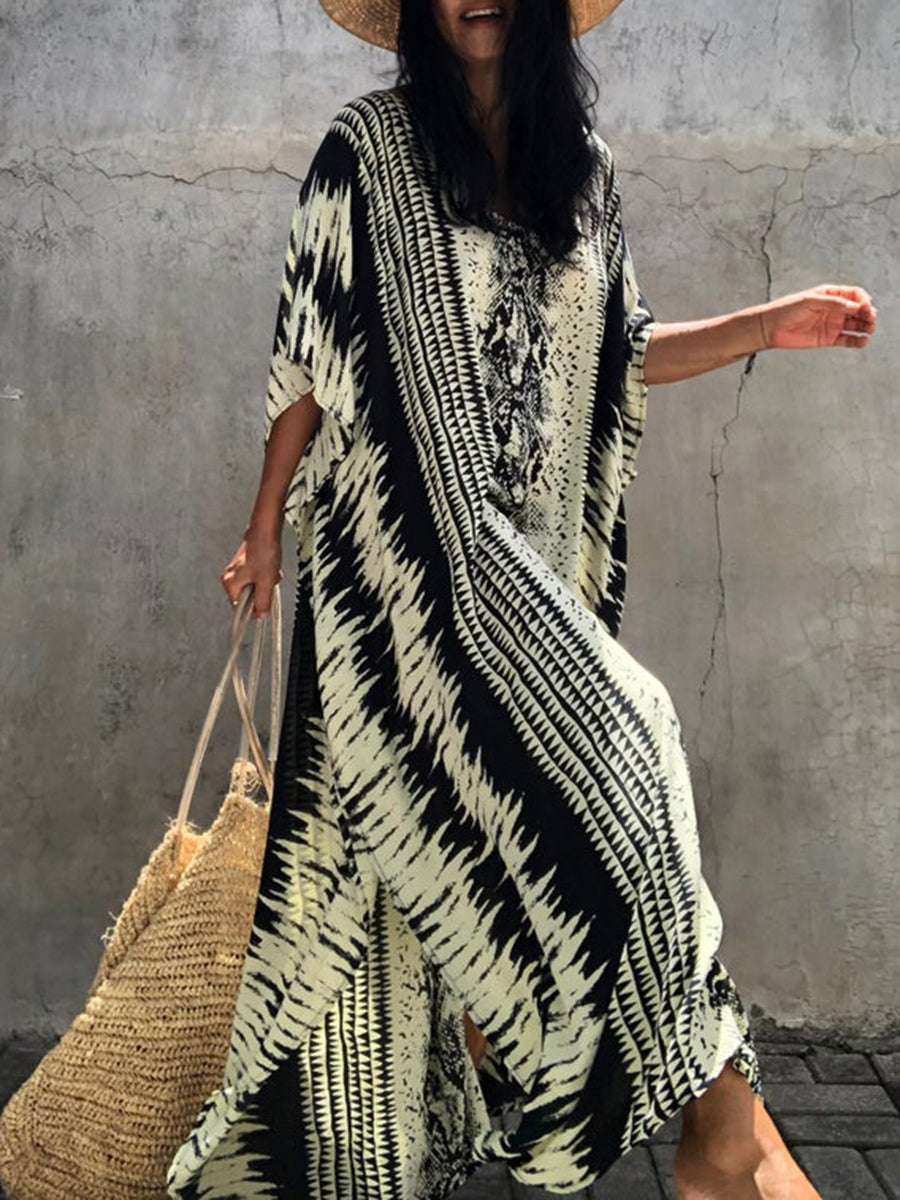 Women Beach Lace-Up Split-Side Loose Abstract Print Cover-Up