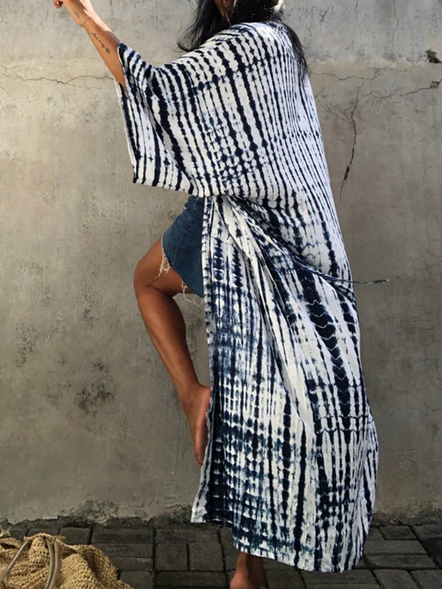 Women Beach Print Lace-Up Loose Pockets Cover-Up