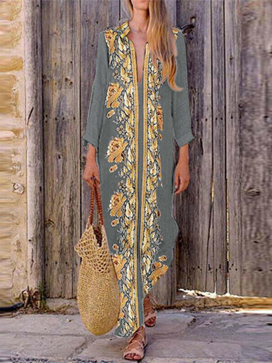 Women Bohemian V-Neck Floral Beach Maxi Dress