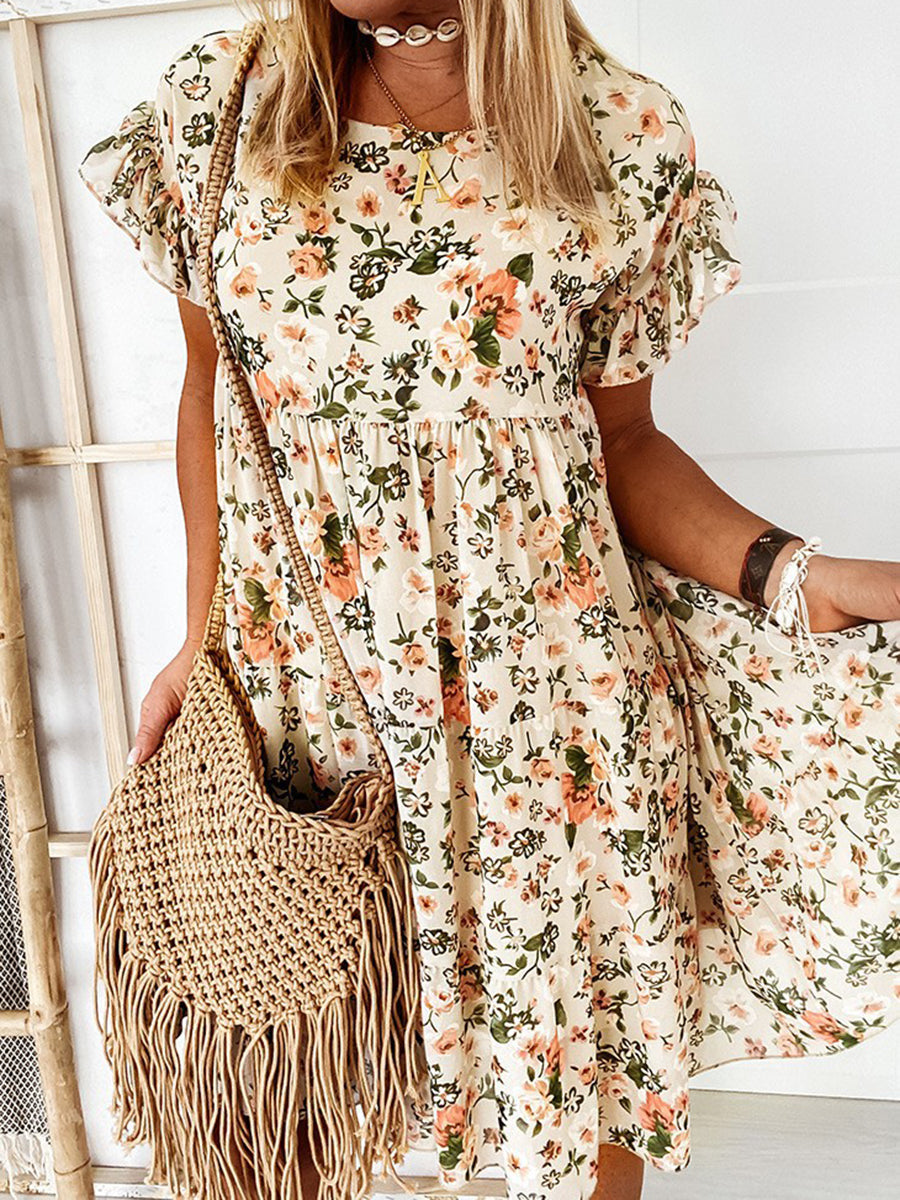 Women Floral Round Neck Chiffon Mini Dress