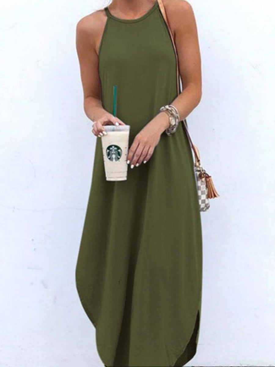 Women Bohemian Spaghetti Strap Solid Color Maxi Dress