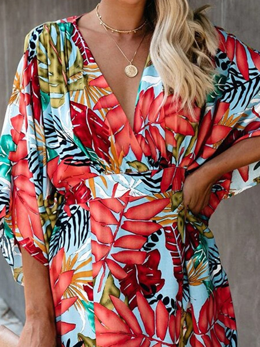 Women Floral V-Neck 1/2 Sleeve Split-Side Maxi Dress